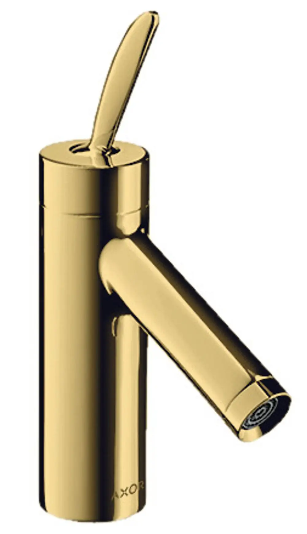 Goldfarbener AXOR-Waschtischmischer mit einem Hebel, runder Auslauf und seitlichem Zugstangen-Ablauf. Minimalistisches Design für Badezimmeranwendungen.